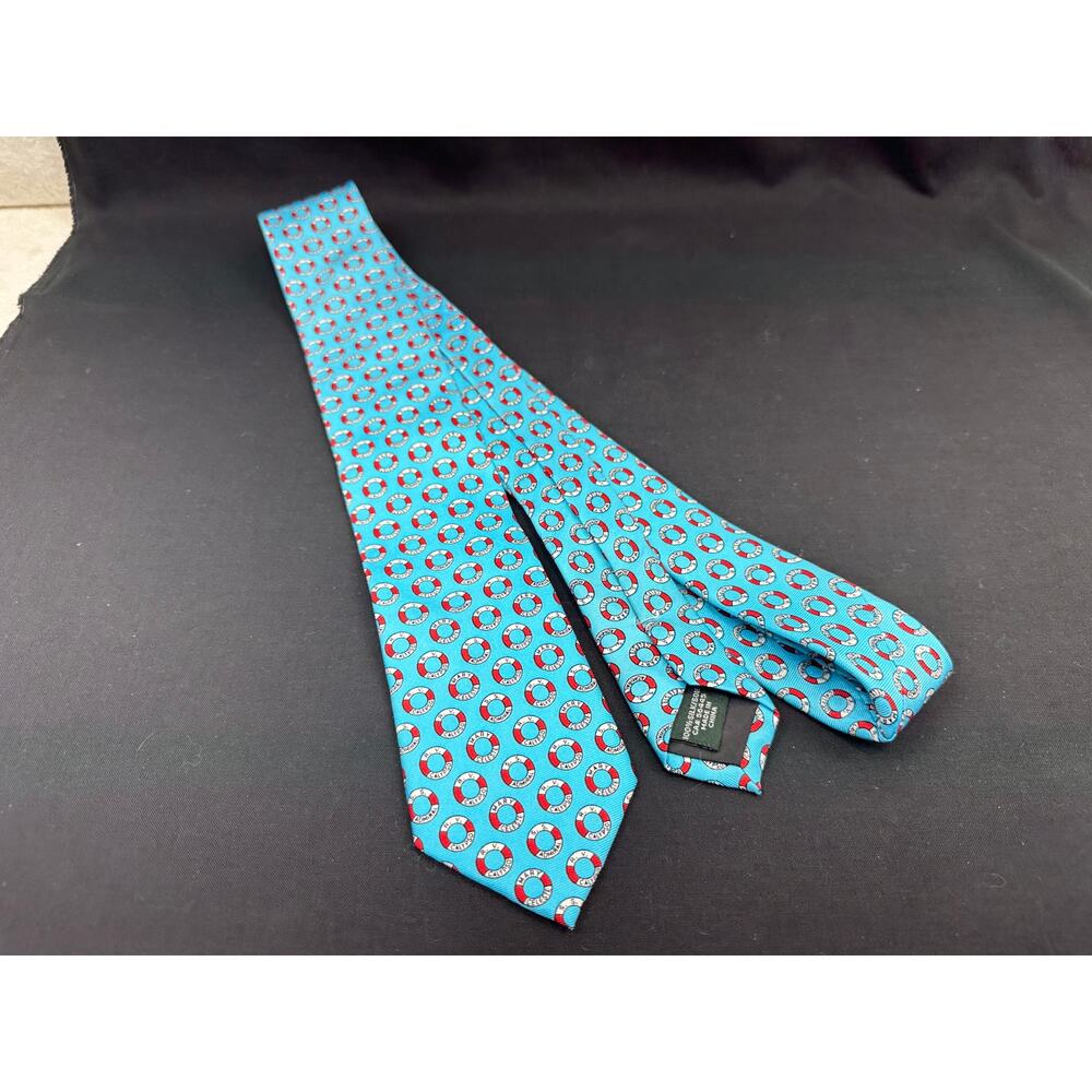 J.Crew Turquoise 100% Silk Necktie featuring a Novelty Lifeboat Print